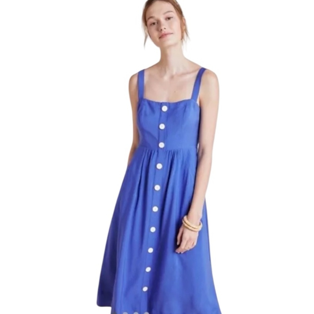 ANTHROPOLOGIE Maeve Rosemary Indigo Midi Dress Size 2 Button Front Pockets